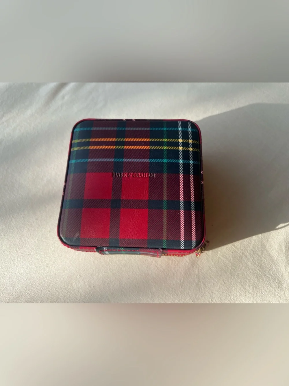 Mark & Graham Plaid Travel Jewelry Case Zip-Around w/ Mirror Faux Leather